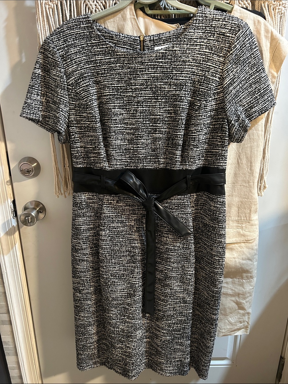 Black and White Tweed Belted Short-Sleeve Dress